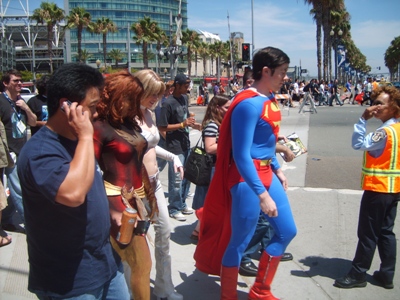 Cosplayers crossing the street to the convention center.